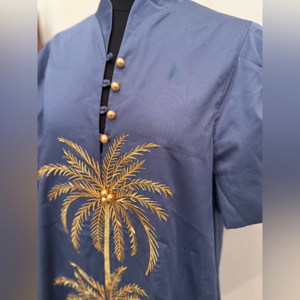 MESTIZA Elliana Gold Palm Embroidered Cotton Poplin Midi Dress in Blue Sz M $475 - Picture 8 of 16